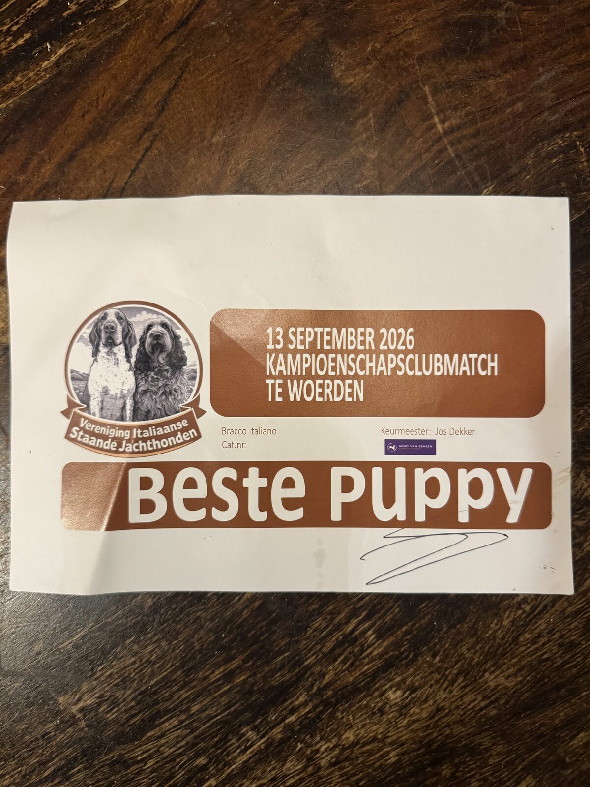 De kaart Beste Puppy van de clubmatch in Woerden